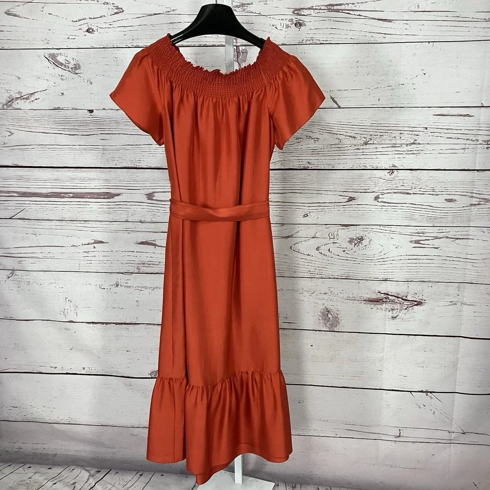 Tory Burch Silk Off Shoulder Midi‎ Dress Smocked Neck Belted Womens Size XL